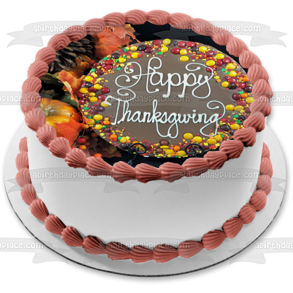 Happy Thanksgiving Pumpkins Pine Cones Fall Colored Leaves Candy Edible Cake Topper Image ABPID52721