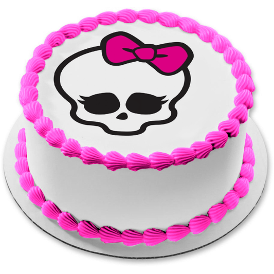 Imagen comestible para decoración de tarta con lazo rosa y calavera de Monster High ABPID52761 