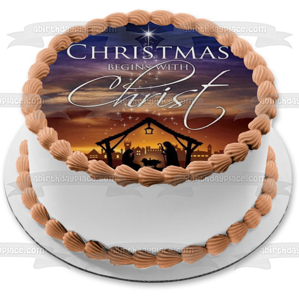"Christmas Begins with Christ" Nativity Scene Edible Cake Topper Image ABPID53061
