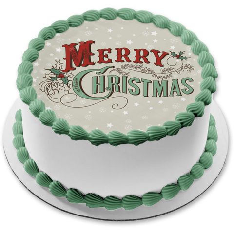 Merry Christmas Snowflakes Mistletoe Stars Edible Cake Topper Image ABPID53077