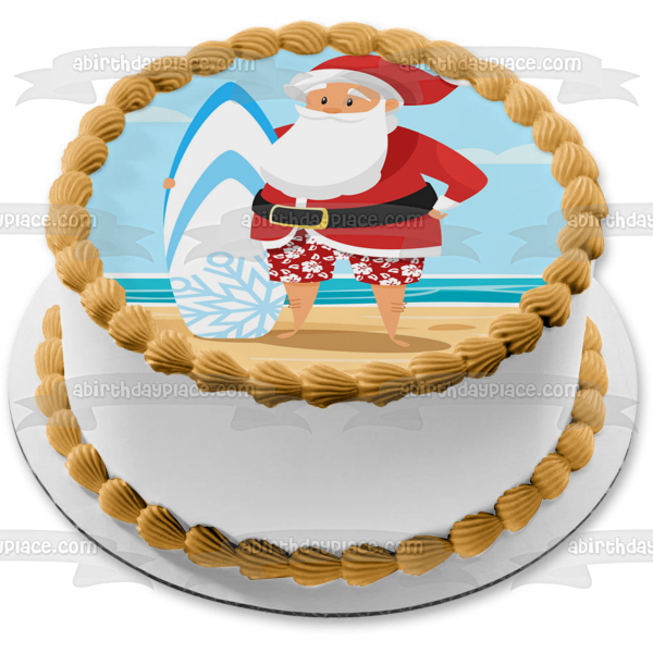 Merry Christmas Santa Claus at the Beach with a Boogie Board Edible Cake Topper Image ABPID53471