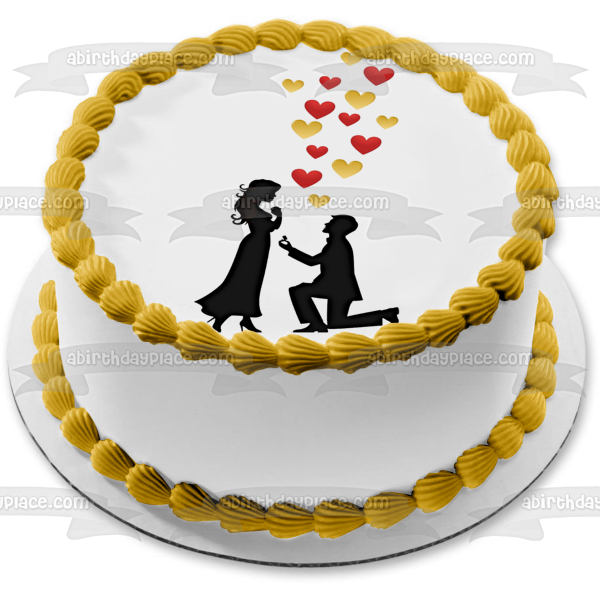 Engagement Proposal Couple Silhouette Roses Hearts Valentines Love Romance Wedding Edible Cake Topper Image ABPID53484