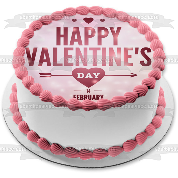Happy Valentine's Day Pink Hearts February 14th Edible Cake Topper Image ABPID53579