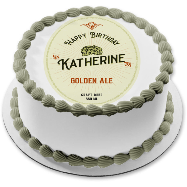 Golden Ale Happy Birthday Customizable Beer Bottle Liquor Alcohol Label Edible Cake Topper Image ABPID53583