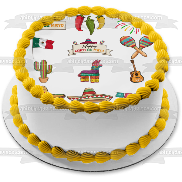 Cinco De Mayo Chili Peppers Sombreros Maracas Fireworks Edible Cake Topper Image ABPID53802