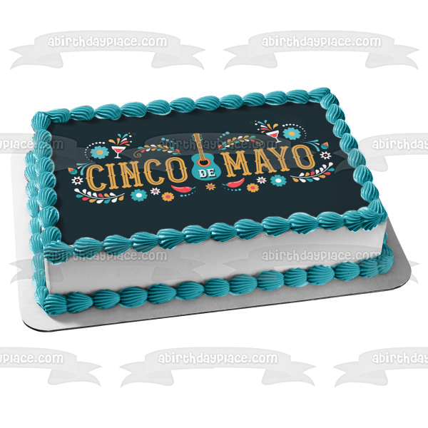 Cinco De Mayo Guitar Wine Glasses Chili Peppers Flowers Edible Cake Topper Image ABPID53803