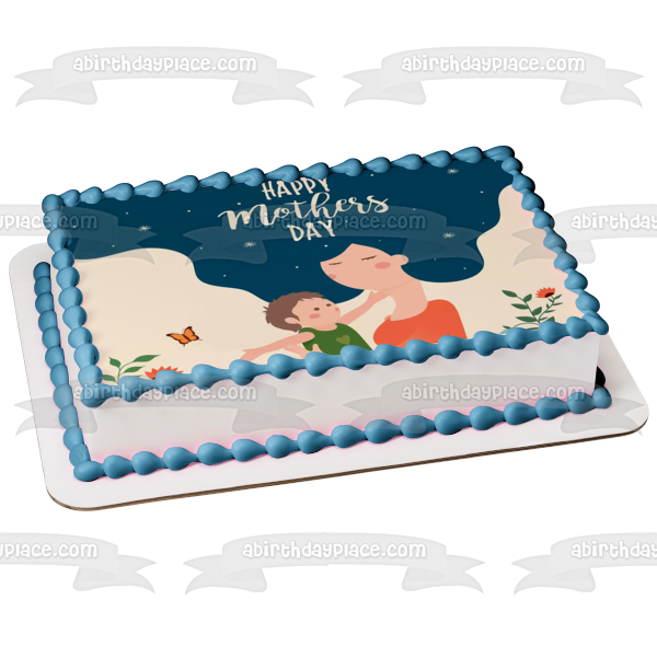 Happy Mother's Day Mother and Baby Flowers Butterflies Edible Cake Topper Image ABPID53820
