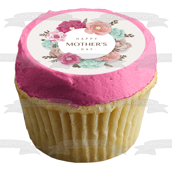 Feliz día de la madre flores rosas y azules adorno comestible para tarta imagen ABPID53812 