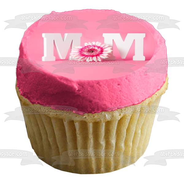"Mom" Happy Mother's Day Pink Flower Edible Cake Topper Image ABPID53810