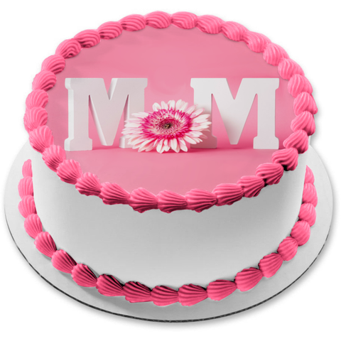 "Mom" in white 3D text Pink Flower in center edible cake topper