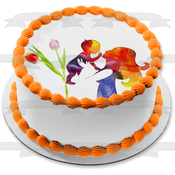 Happy Mother's Day Mother and Baby Colorful Silhouette with Flowers Edible Cake Topper Image ABPID53818