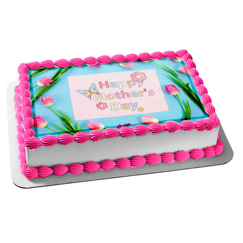 Happy Mother's Day Pink Flowers and Butterflies Edible Cake Topper Image ABPID53819