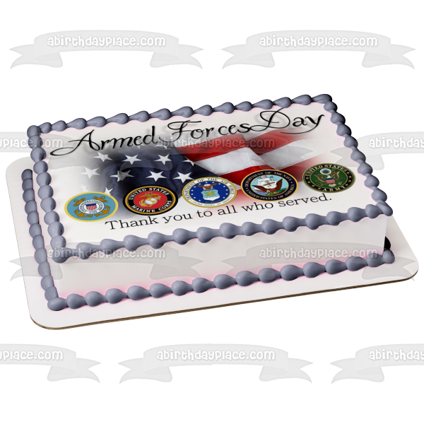 Armed Forces Day American Flag Military Seals "Thank You to All Who Served" Edible Cake Topper Image ABPID53831