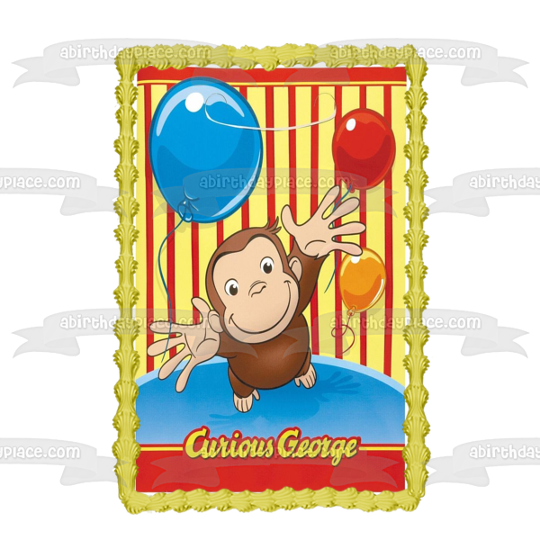 Curious George Reaching Balloons Edible Cake Topper Image ABPID09226
