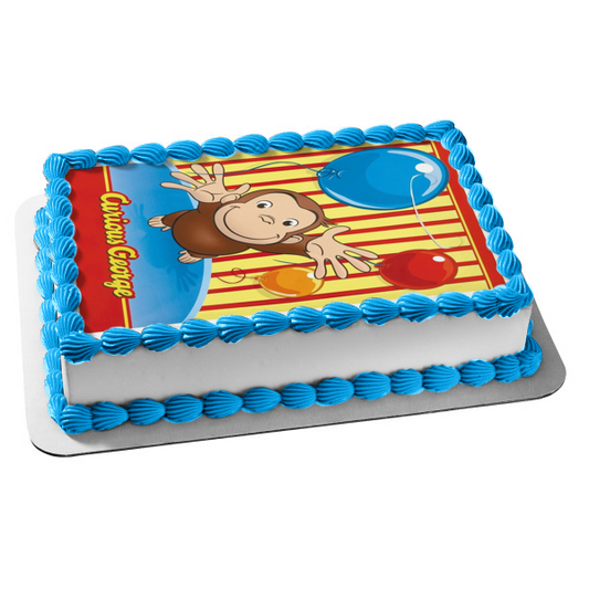 Curious George Reaching Balloons Edible Cake Topper Image ABPID09226