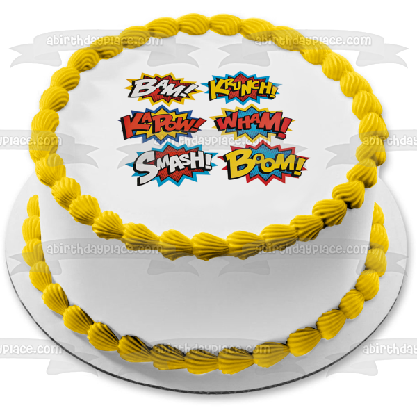 Comic Book Bubbles Bam Krunch Kapow Wham Smash Boom Edible Cake Topper Image ABPID09853