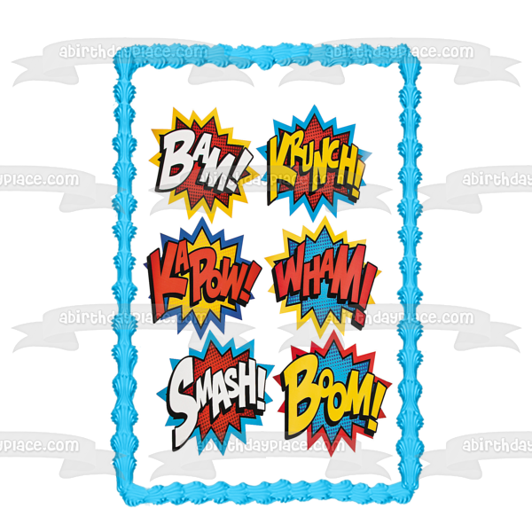 Comic Book Bubbles Bam Krunch Kapow Wham Smash Boom Edible Cake Topper Image ABPID09853