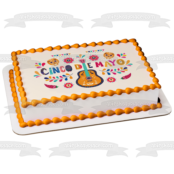 Cinco De Mayo Sugar Skulls Guitar Edible Cake Topper Image ABPID53790