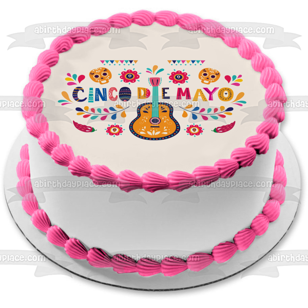 Cinco De Mayo Sugar Skulls Guitar Edible Cake Topper Image ABPID53790