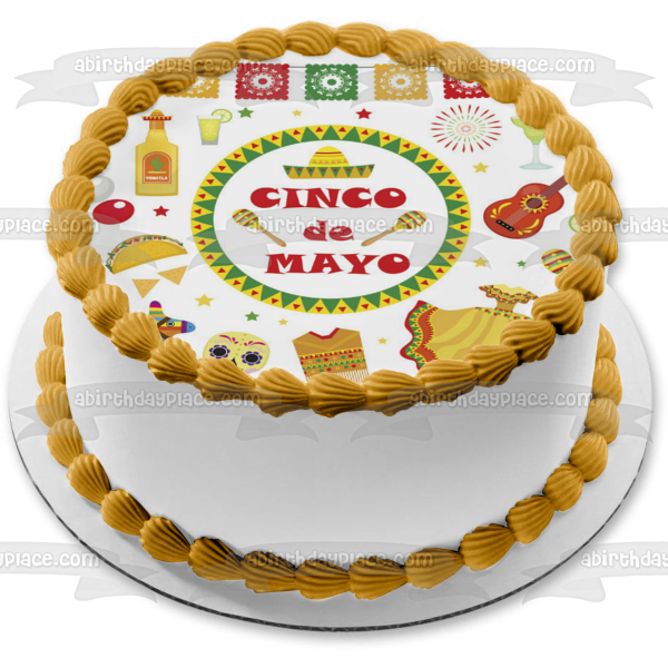 Cinco De Mayo Sombrero Chili Peppers Guitar Maracas Edible Cake Topper Image ABPID53792
