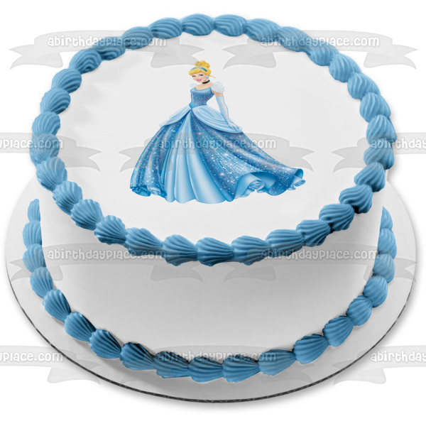 Disney Princess Cinderella Blue Glitter Ball Gown Edible Cake Topper Image ABPID09884