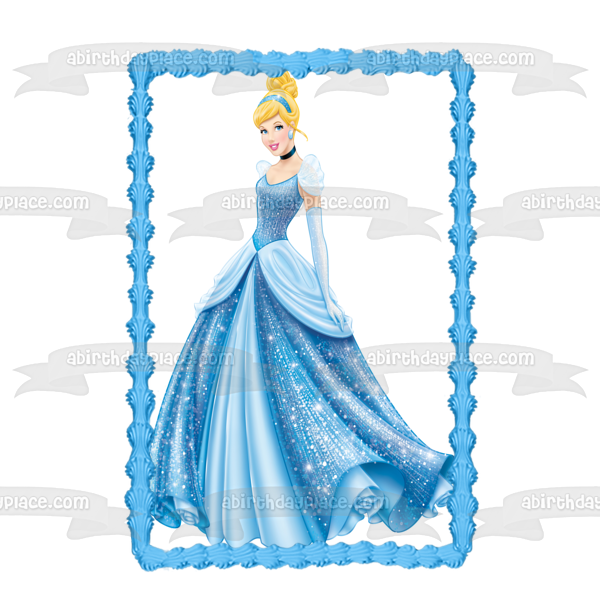 Disney Princess Cinderella Blue Glitter Ball Gown Edible Cake Topper Image ABPID09884