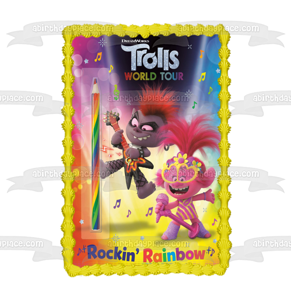 Trolls World Tour Rockin' Rainbow Poppy Singing Queen Barb Playing Guitar Edible Cake Topper Image ABPID51240