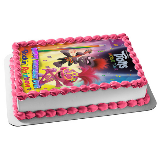 Trolls World Tour Rockin' Rainbow Poppy Singing Queen Barb Playing Guitar Edible Cake Topper Image ABPID51240