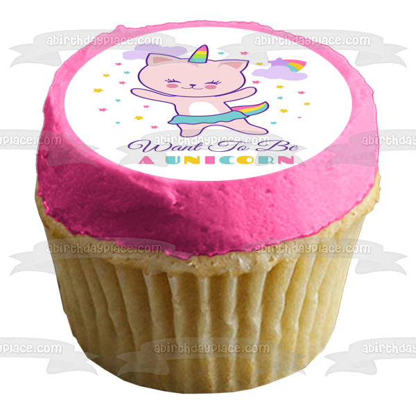 Caticorn Cat Want to Be a Unicorn Rainbow Edible Cake Topper Image ABPID51359