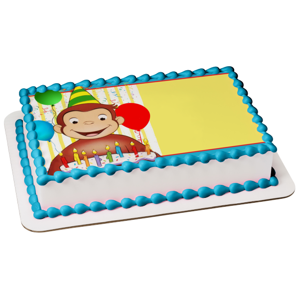 Curious George Happy Birthday Cake Candles Balloons Party Hat Edible C ...