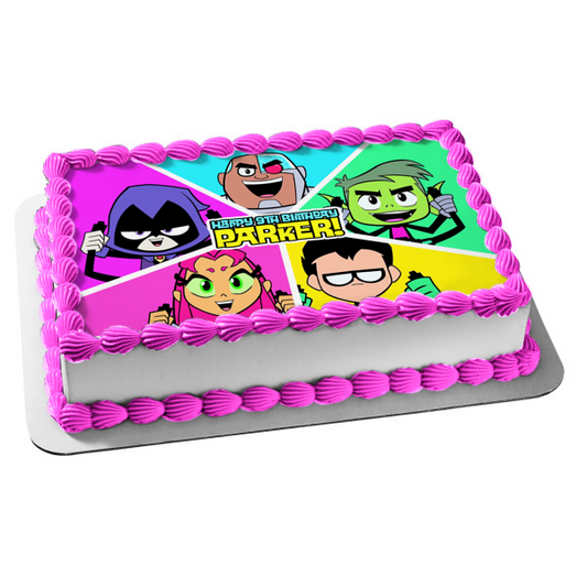 Teen Titans Go Beast Boy Starfire Robin Cyborg and Raven with a Pink Blue and Green Background Edible Cake Topper Image ABPID06442