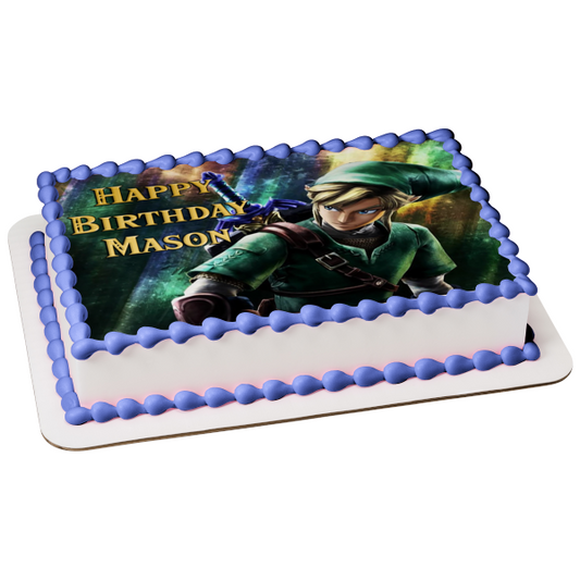 Legends of Zelda Link and His Blue Sword Edible Cake Topper Image ABPID07912