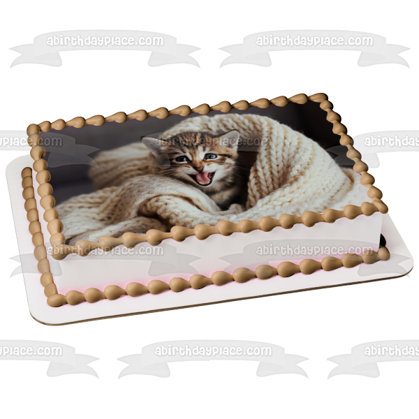 Knit Blanket Cat Edible Cake Topper Image ABPID50259
