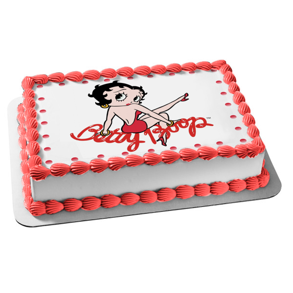 Betty Boop Red Dress Hoop Earrings Black Hair Dot Border Edible Cake Topper Image ABPID09262
