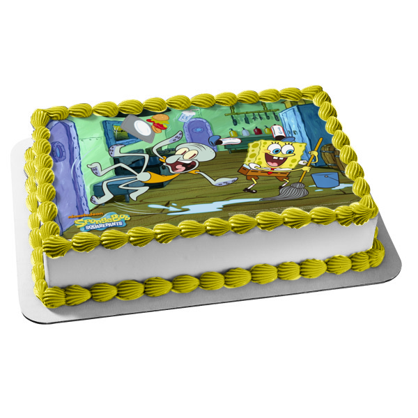SpongeBob SquarePants Sponge Bob Square Pants Mopping Squidward Slips Edible Cake Topper Image ABPID09265