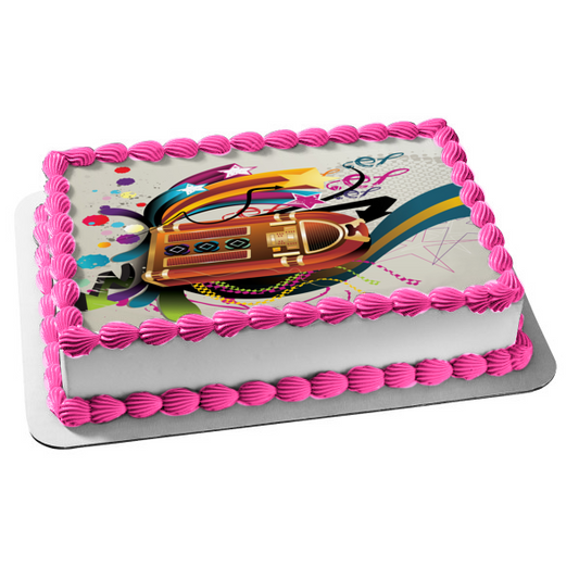 Jukebox Musical Symbols Stars Colorful Stripes Edible Cake Topper Image ABPID09269