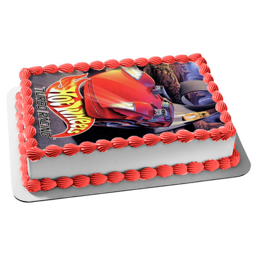 Mattel Hot Wheels Turbo Racing Red Car Yellow Car Racing Edible Cake Topper Image ABPID09271