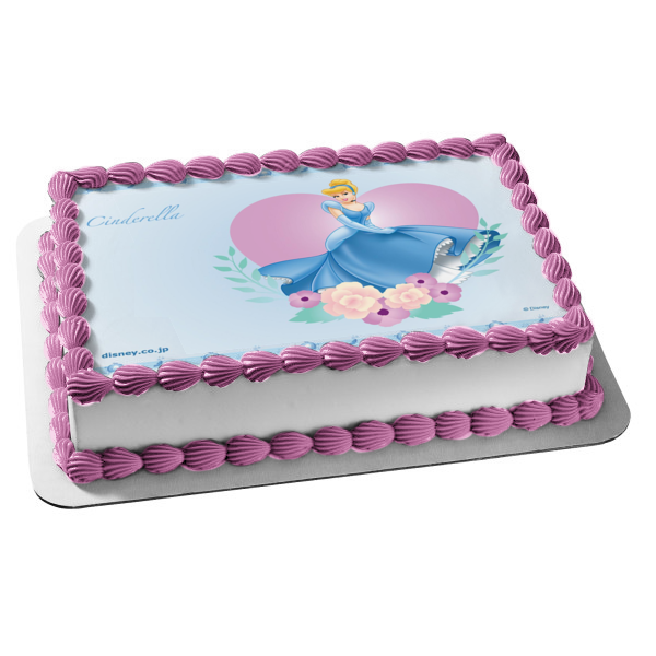 Disney Princess Cinderella Blue Dress Flower Heart Edible Cake Topper Image ABPID09287