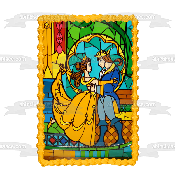 Disney Beauty and the Beast Belle Prince Dancing Stained Glass Window Edible Cake Topper Image ABPID09374
