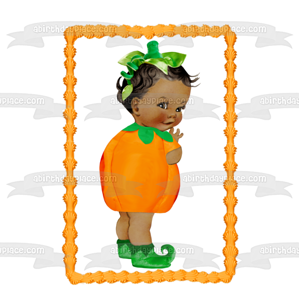 African American Baby Girl Pumpkin Costume Edible Cake Topper Image ABPID10195