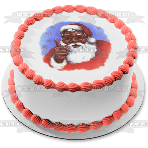 Black Santa Christmas Snowflakes Blue Background Edible Cake Topper Image ABPID09386