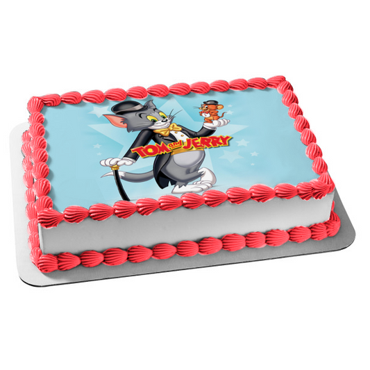 Tom and Jerry Top Hats and Coat Cane Blue Star Background Edible Cake Topper Image ABPID10206