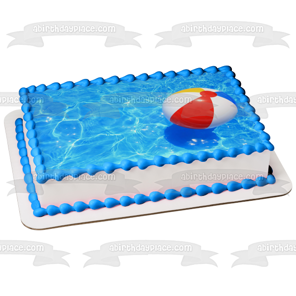 Red Yellow Blue White Beach Ball Floating on Pool Edible Cake Topper Image ABPID09398