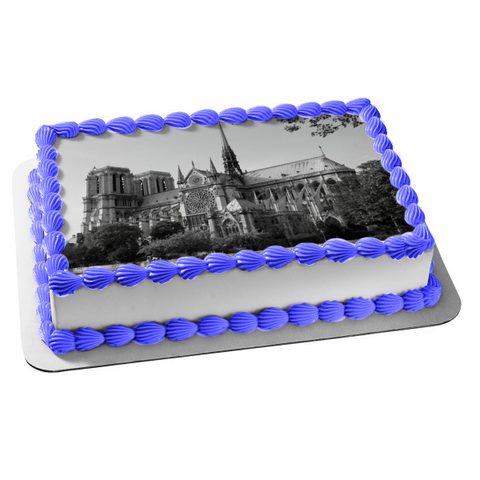 Cathédrale Notre-Dame De Paris Black and White Edible Cake Topper Image ABPID10539