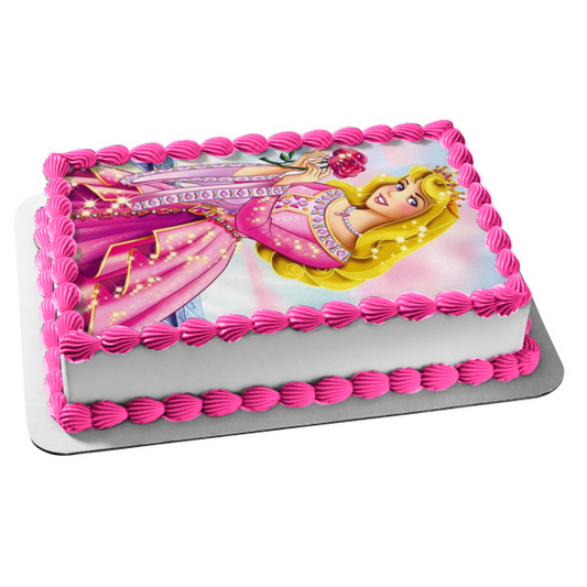 Disney Princess Sleeping Beauty Auroa Sparkles Ball Gown Rose Crown Edible Cake Topper Image ABPID10313