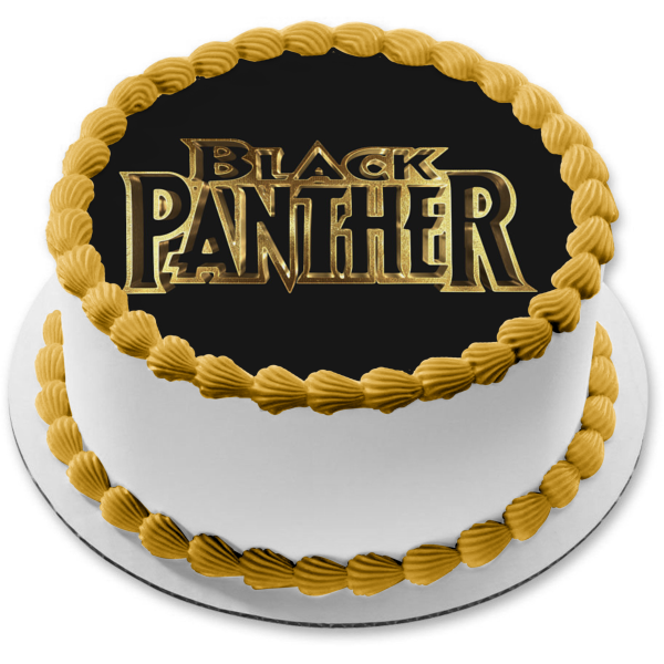 Black Panther Gold Logo Black Background Edible Cake Topper Image ABPID10408