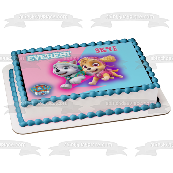 Paw Patrol Everest Skye Blue Pink Background Edible Cake Topper