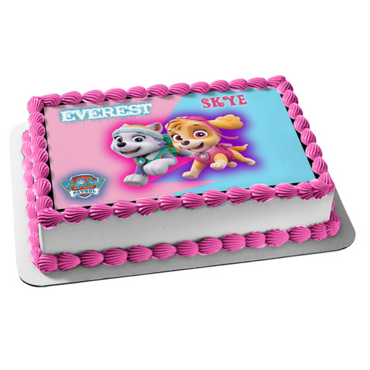 Paw Patrol Everest Skye Blue Pink Background Edible Cake Topper Image ABPID10696