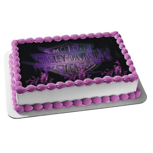 Harley Davidson Motor Cycle Logo Purple Flames Black Background Edible Cake Topper Image ABPID10736