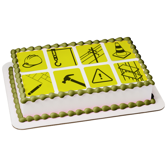 Construction Symbols Hard Hat Hammer Power Lines Cone Edible Cake Topper Image ABPID11148